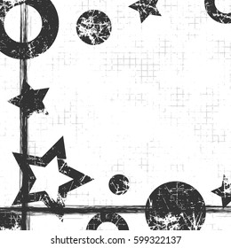 Vector drawn geometric background with geometrical figures, frame, border. Grunge template with stars, circles, dots Old style vintage design. Graphic illustration with cracks, attrition Square format