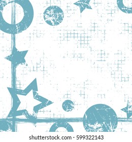 Vector drawn geometric background with geometrical figures, frame, border. Grunge template with stars, circles, dots Old style vintage design. Graphic illustration with cracks, attrition Square format