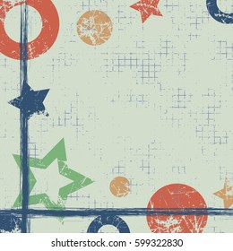 Vector drawn geometric background with geometrical figures, frame, border. Grunge template with stars, circles, dots Old style vintage design. Graphic illustration with cracks, attrition Square format