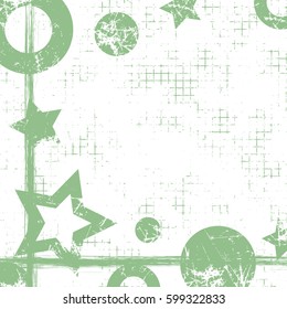 Vector drawn geometric background with geometrical figures, frame, border. Grunge template with stars, circles, dots Old style vintage design. Graphic illustration with cracks, attrition Square format
