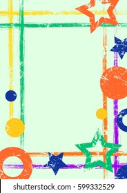 Vector drawn geometric background with geometrical figures, frame, border Grunge template with stars, circles, dots Old style vintage design. Graphic illustration with cracks, attrition a4 size format