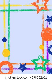 Vector drawn geometric background with geometrical figures, frame, border Grunge template with stars, circles, dots Old style vintage design. Graphic illustration with cracks, attrition a4 size format