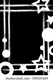 Vector drawn geometric background with geometrical figures, frame, border Grunge template with stars, circles, dots Old style vintage design. Graphic illustration with cracks, attrition a4 size format