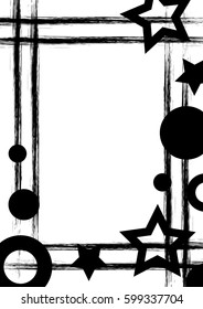 Vector drawn geometric background with geometrical figures, frame, border Grunge template with stars, circles, dots Old style vintage design. Graphic illustration with cracks, attrition a4 size format
