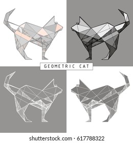 Vector drawn geometric stylized cat. Cat stylized  polygonal model. Different color combinations. Linear image. Origami. Low poly-illustration