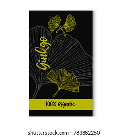 Vector drawn ginkgo pattern on black background in a sketch style. Package design.