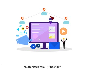 Vector drawn graphic flat design advert internet digital marketing, icon business social media digital online communication pattern concept isolated in white background 