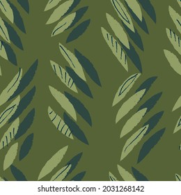 Vector drawn green charcoal leaves repeat pattern
