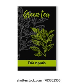 Vector drawn green tea with flowers in a sketch style on black background. Package design.