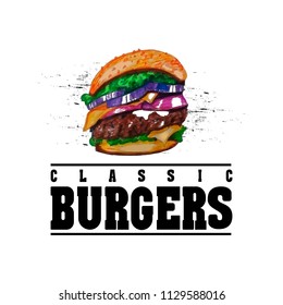 Vector of drawn hamburger. Classic burgers.