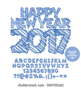 Vector drawn Happy New Year 2017 greeting card with set of letters, symbols and numbers. File contains graphic styles