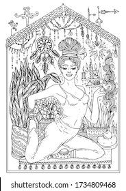 Vector drawn happy woman doing yoga. Girl relaxing meditation at home in a cozy atmosphere room. Self-isolation, coronavirus quarantine. Stay home concept. Health care. Patterned coloring page