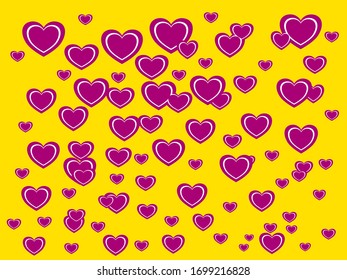 Vector drawn heart of love pattern flat design, pink Purple many Hearts in isolated cool fresh yellow color background textures 