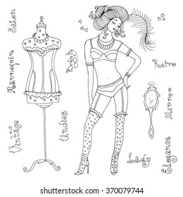 Vector drawn illustration of a beautiful young lady in sexy lingerie in long gloves standing near trendy mannequin. Fashion picture in boudoir style. Original hand drawn word. On a white background 