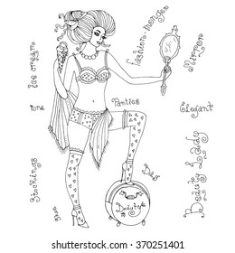 Vector drawn illustration of a beautiful young woman in sexy lingerie holding a mirror and ice cream in a waffle cone. Fashion picture in boudoir style. Original hand drawn word. On a white background