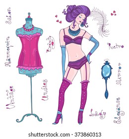 Vector drawn illustration of a beautiful young lady in sexy lingerie in long gloves standing near trendy mannequin. Fashion picture in boudoir style. Original hand drawn word. On a white background 