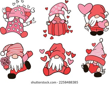 Vector drawn illustration cute gnomes in love. For Valentine day.Doodle cartoon style. Character set.