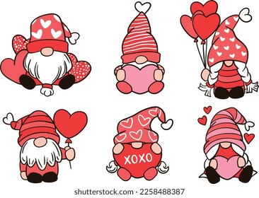 Vector drawn illustration cute gnomes in love. For Valentine day.Doodle cartoon style. Character set.