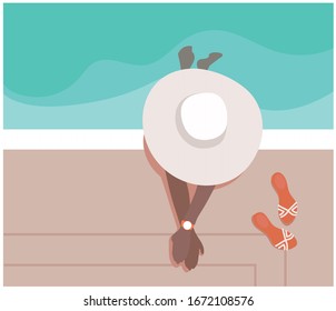 Vector. Drawn illustration. Girl on the beach. 
Girl by the pool.