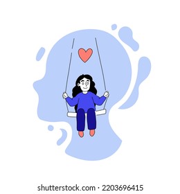 Vector drawn illustration of girl on a swing. Heart, woman, seesaw, calmness, mental health, unity with nature, meditation, psychotherapy, disorder. Mindfulness concept. Blue and pink pastel colors