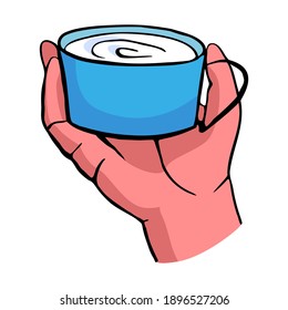 Ilustración dibujada por vectores con una taza de sujeción manual, con espacio vacío para texto. Se puede usar como elemento independiente en el diseño web, banners.