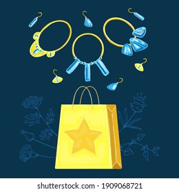 Vector drawn illustration with jewelry collection, shop package, floral, botanical background. Concept of jewelry stores, precious stones, metals, shopping.