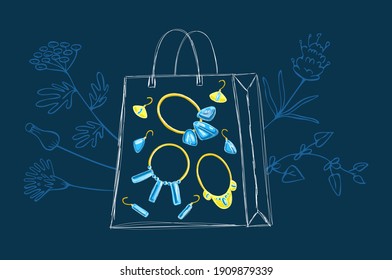 Vector drawn illustration with jewelry collection, shop package, floral, botanical background. Concept of jewelry stores, precious stones, metals, shopping.