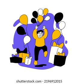 Vector drawn illustration of man with balloons and gifts. Celebrate, party, birthday, anniversary, occasion, birthday boy, holiday, give present, guest. Celebration concept. Flat drawing style EPS10.