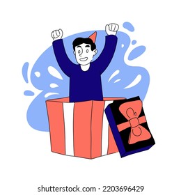 Vector drawn illustration of man in gift box. Present, prize, birthday, ribbon, wrap, bow, give, holiday, occasion, celebrate, celebration, anniversary. Party concept. Blue and pink pastel colors