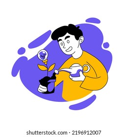 Dibujo vectorial de un hombre con bombilla. Plantas de agua, pensamiento, innovación, solución de problemas, idea, invención, pensamiento, jigsaw, ocupación creativa. Concepto de creatividad. Estilo de plano EPS10