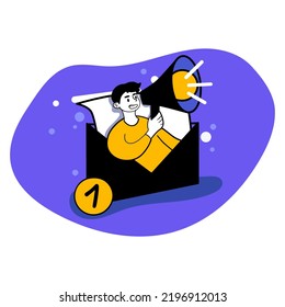 Dibujo vectorial del hombre con megáfono. Hacer un anuncio, una carta, un correo publicitario, un anuncio, un mensaje entrante, marketing, marketing, comercial. Concepto de negocio. Estilo de plano EPS10.