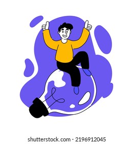 Vector drawn illustration of man sitting on light bulb. Creative occupation, solve problems, idea, thought, invention, innovation, thinking, jigsaw. Creativity concept. Flat drawing style EPS10.
