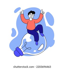 Vector drawn illustration of man sitting on light bulb. Creative occupation, solve problems, idea, thought, invention, innovation, thinking, jigsaw. Creativity concept. Blue and pink pastel colors