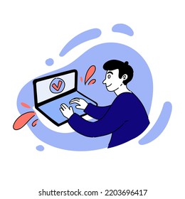 Vector drawn illustration of man working on laptop. Remote work, distance learning, student, businessman, checkmark, online, internet, test, conference. Business concept. Blue and pink pastel colors
