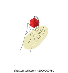 Vector Drawn illustration with mixed 3d and Linear style. An isolated hand holding vintage Christmas Tree Toy is depicted. Concept Decorating and Preparing for New Year, Christmas, Family Traditions.