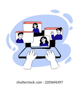 Vector drawn illustration of online conference. Talk, remote work, distance learning, web camera, laptop, hands, user, people, meeting, call, windows. Communication concept. Blue, pink pastel colors