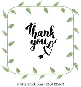 Vector drawn illustration of a postcard layout with the inscription Thank you and a curved stem with leaves for design of the frame. Concept gratitude, feelings.