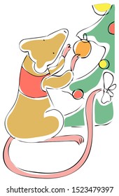 Vector drawn illustration of a rat that dresses up a Christmas tree