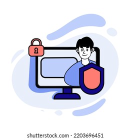 Vector drawn illustration of security system of computer. Monitor, lock, man with shield, defender, personal data protection, antivirus, hacking, bug. Privacy concept. Blue and pink pastel colors