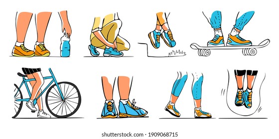 Vector drawn illustration and set  collection sports   casual shoes your feet in various situations 