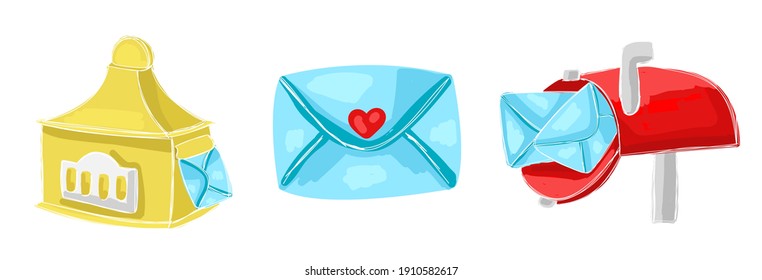 Vector drawn illustration with set, collection of various mailboxes, letters. Concept parcels, delivery, mail, letters, communication.