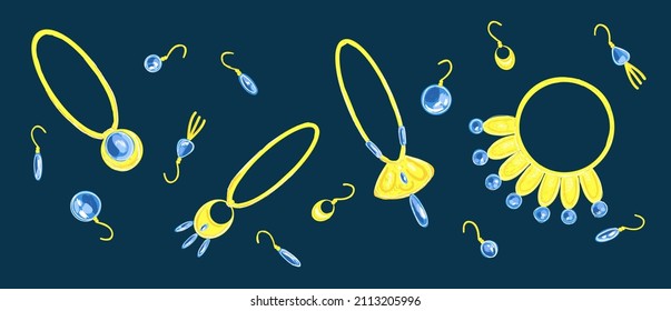 Vector drawn illustration with a set of different gold jewelry earrings, necklaces, with precious stones. Horizontal format, dark and blue background. The concept of precious jewelry, beauty.
