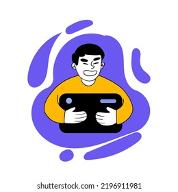Dibujo vectorial de un hombre sonriente con tarjeta bancaria. Banca, pago sin efectivo, dinero, salario, ingreso, gasto, impuestos, negocios. Concepto de gestión financiera. Estilo de plano EPS10.