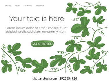 Vector drawn illustration with template, layout home, main page of web design. There is CTA button. Concept floral, botanical, vegetable, romantic design.
