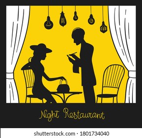 Vector Drawn Illustration with a Woman in the Window of a Night Restaurant