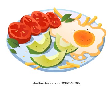 Vector drawn image of scrambled eggs, avocado, tomatoes, fries and spices. Illustration of a plate with food for posters, cafe or advertising