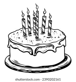 Vector drawn in ink by hand. Classic glazed cake with lighted candles. Traditional design for birthdays, postcards, invitations. Suitable for coloring children. for parties, anniversaries, weddings