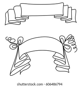 Vector drawn isolated bow. Black and white ribbon for banner text, logo design