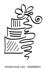 Vector drawn isolated cake by bow. Black ribbon dessert image for logo design