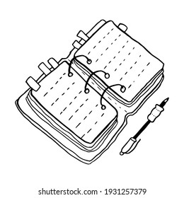 Ilustración de doodles aislados con papel de oficina o estudio. Se muestra un bloc de notas con marcadores y lápiz. Concepto de aprendizaje, escritura, diario de escritura, presentación de pensamientos.